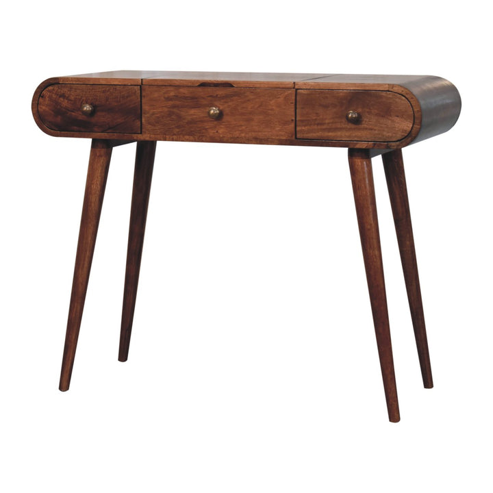 Solid Wood Honey Caramel Round Dressing Table, 2-Drawers, 4-Compartments, Nordic Legs, Brown