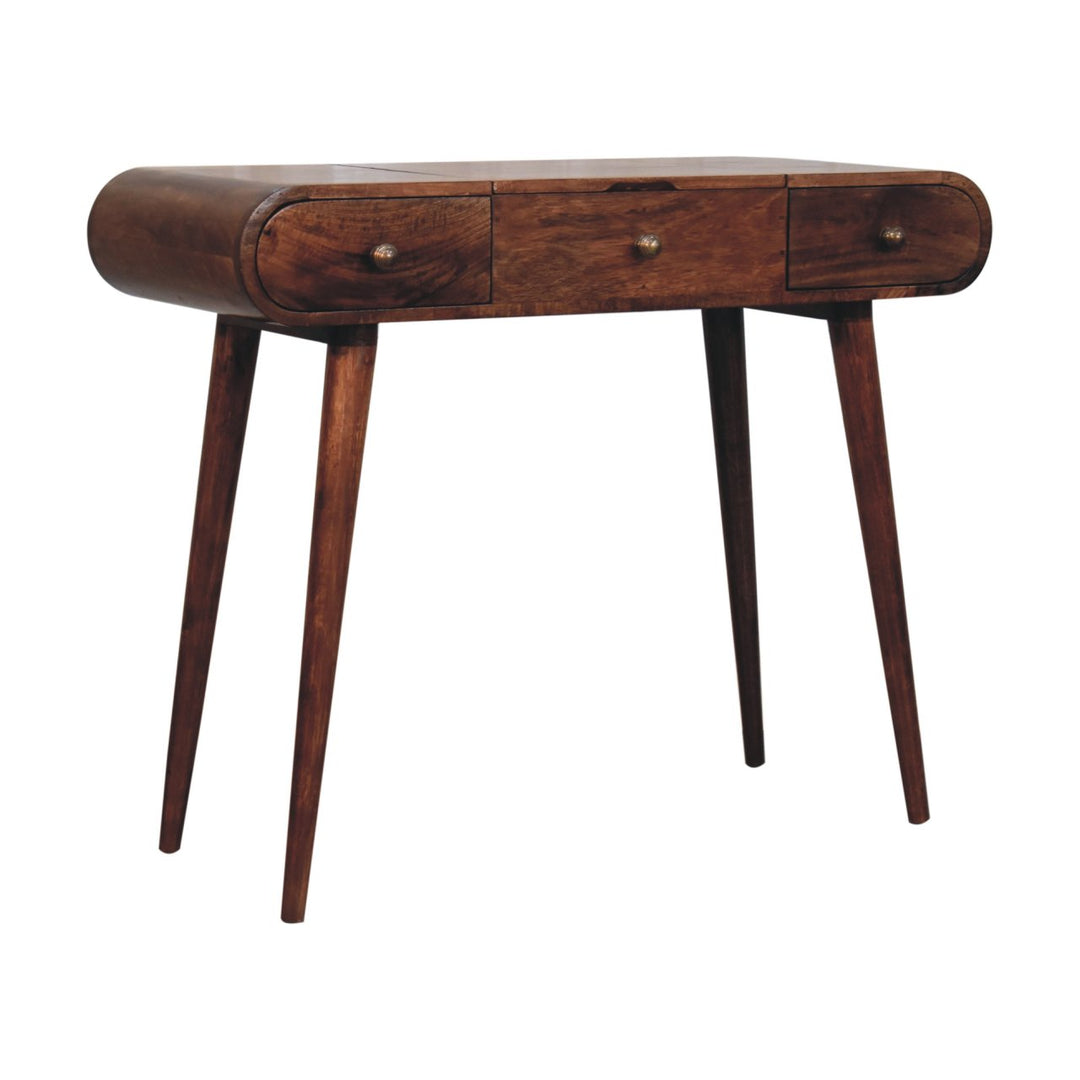 Solid Wood Honey Caramel Round Dressing Table, 2-Drawers, 4-Compartments, Nordic Legs, Brown