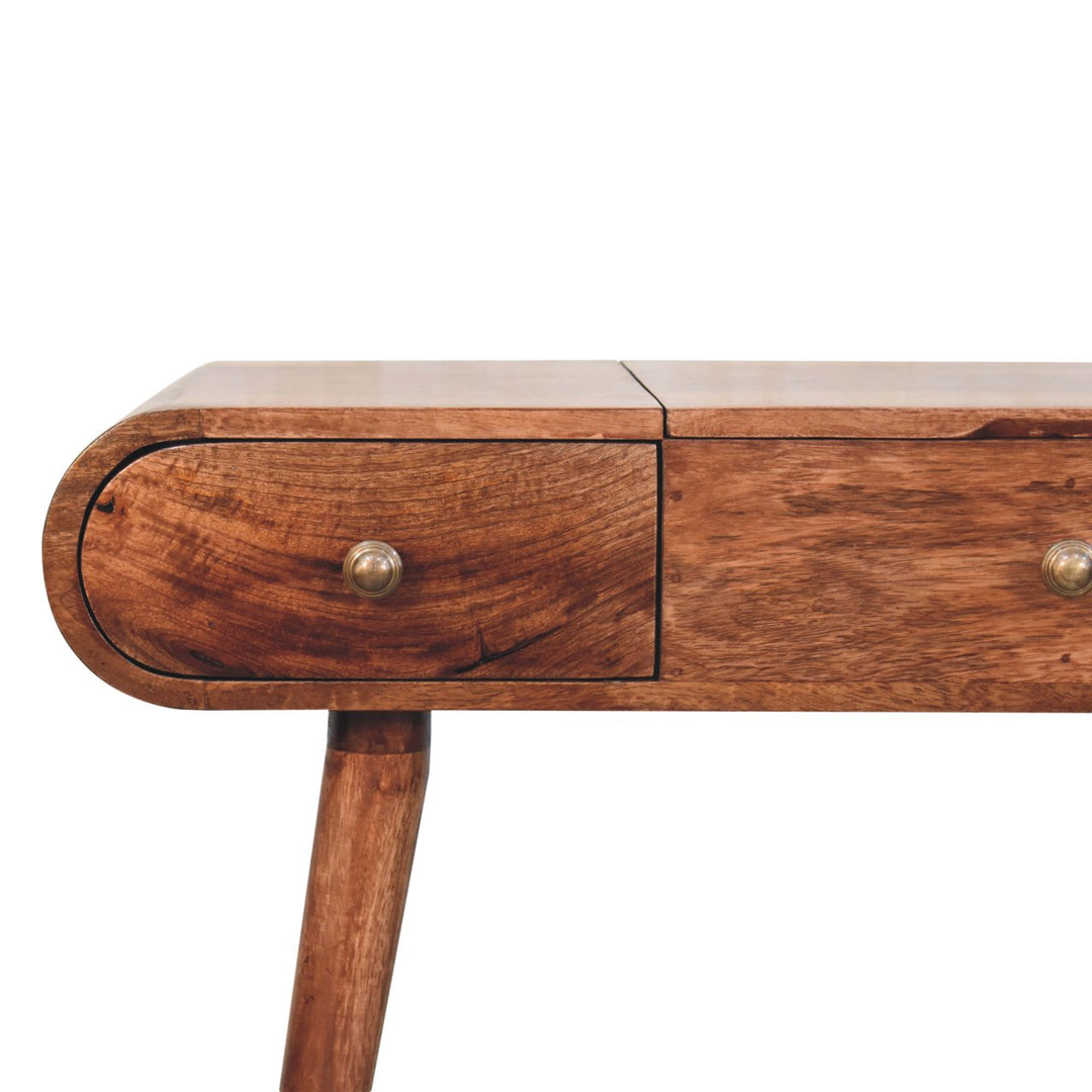 Solid Wood Honey Caramel Round Dressing Table, 2-Drawers, 4-Compartments, Nordic Legs, Brown