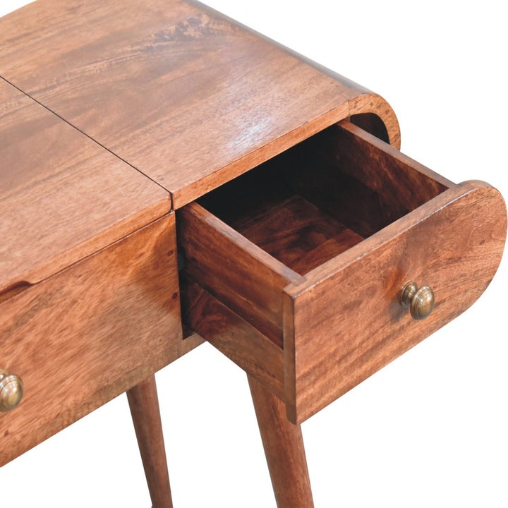 Solid Wood Honey Caramel Round Dressing Table, 2-Drawers, 4-Compartments, Nordic Legs, Brown