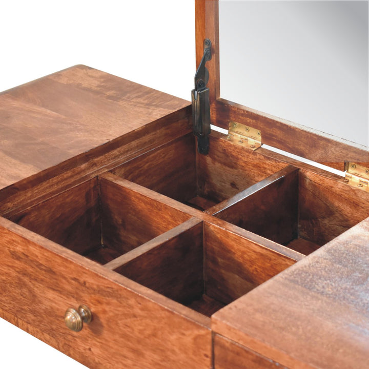 Solid Wood Honey Caramel Round Dressing Table, 2-Drawers, 4-Compartments, Nordic Legs, Brown