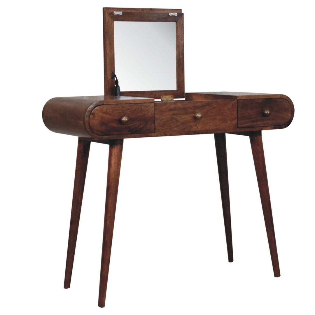 Solid Wood Honey Caramel Round Dressing Table, 2-Drawers, 4-Compartments, Nordic Legs, Brown