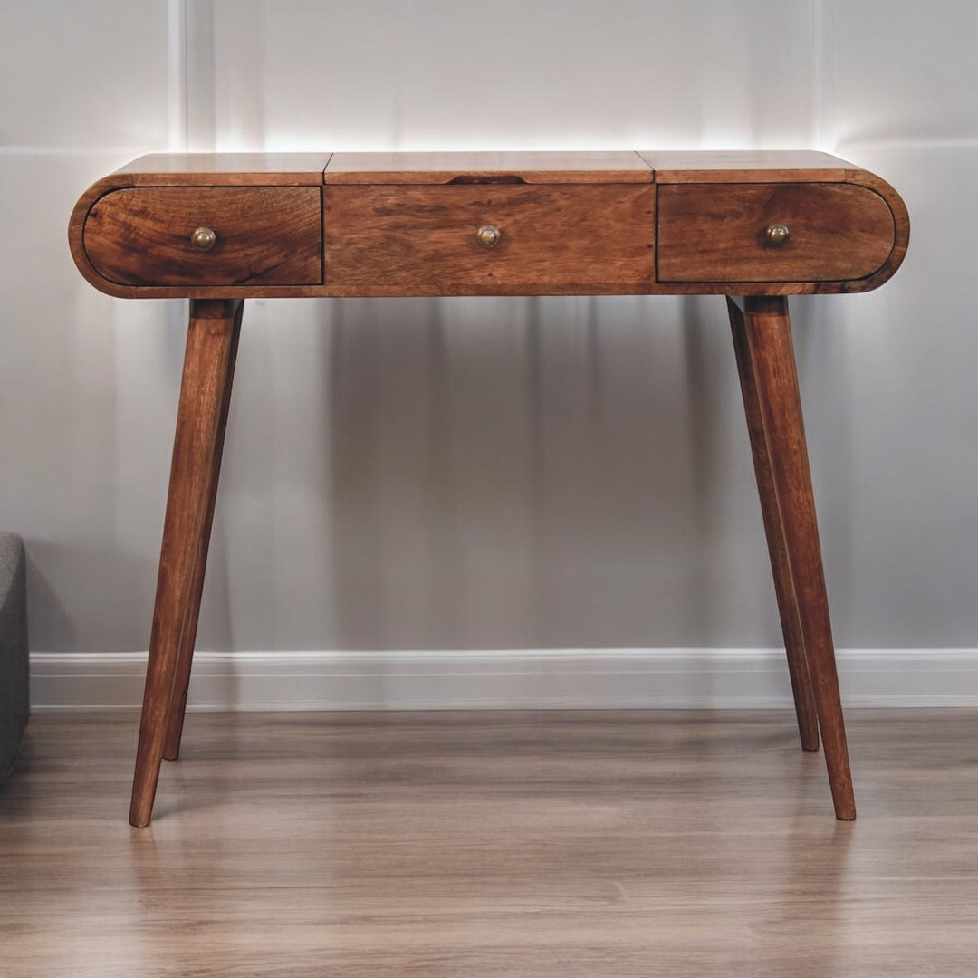 Solid Wood Honey Caramel Round Dressing Table, 2-Drawers, 4-Compartments, Nordic Legs, Brown