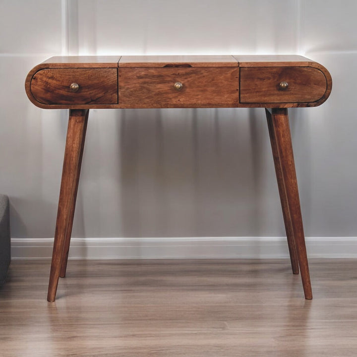 Solid Wood Honey Caramel Round Dressing Table, 2-Drawers, 4-Compartments, Nordic Legs, Brown