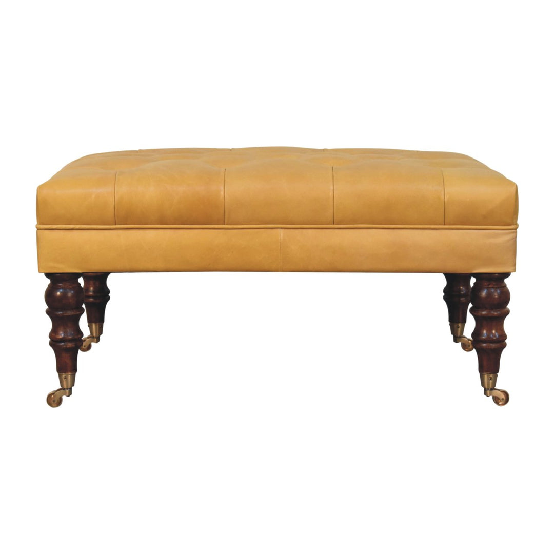 Solid Wood Honey Caramel Buffalo, Leather Ottoman with Castor Legs, Yellow and Ash Black
