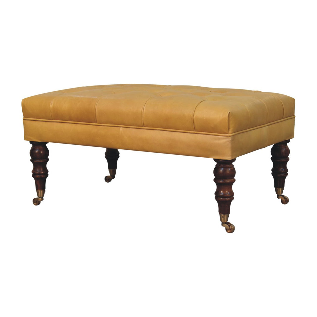 Solid Wood Honey Caramel Buffalo, Leather Ottoman with Castor Legs, Yellow and Ash Black