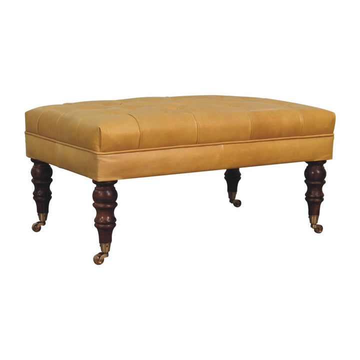 Solid Wood Honey Caramel Buffalo, Leather Ottoman with Castor Legs, Yellow and Ash Black