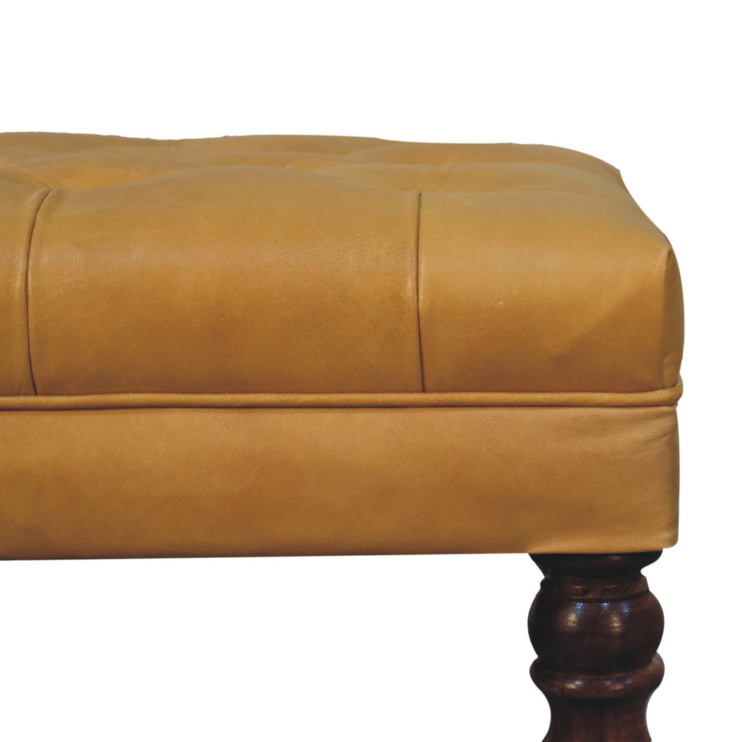 Solid Wood Honey Caramel Buffalo, Leather Ottoman with Castor Legs, Yellow and Ash Black