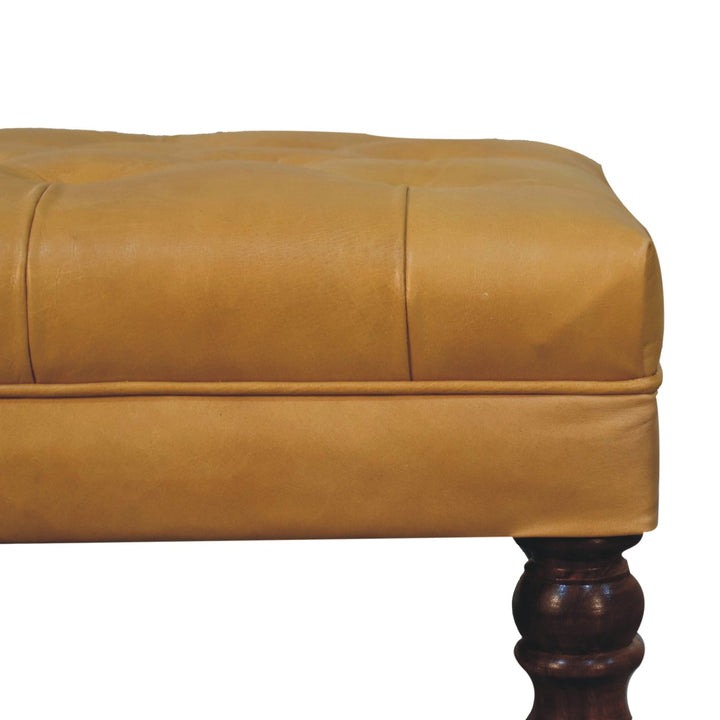 Solid Wood Honey Caramel Buffalo, Leather Ottoman with Castor Legs, Yellow and Ash Black