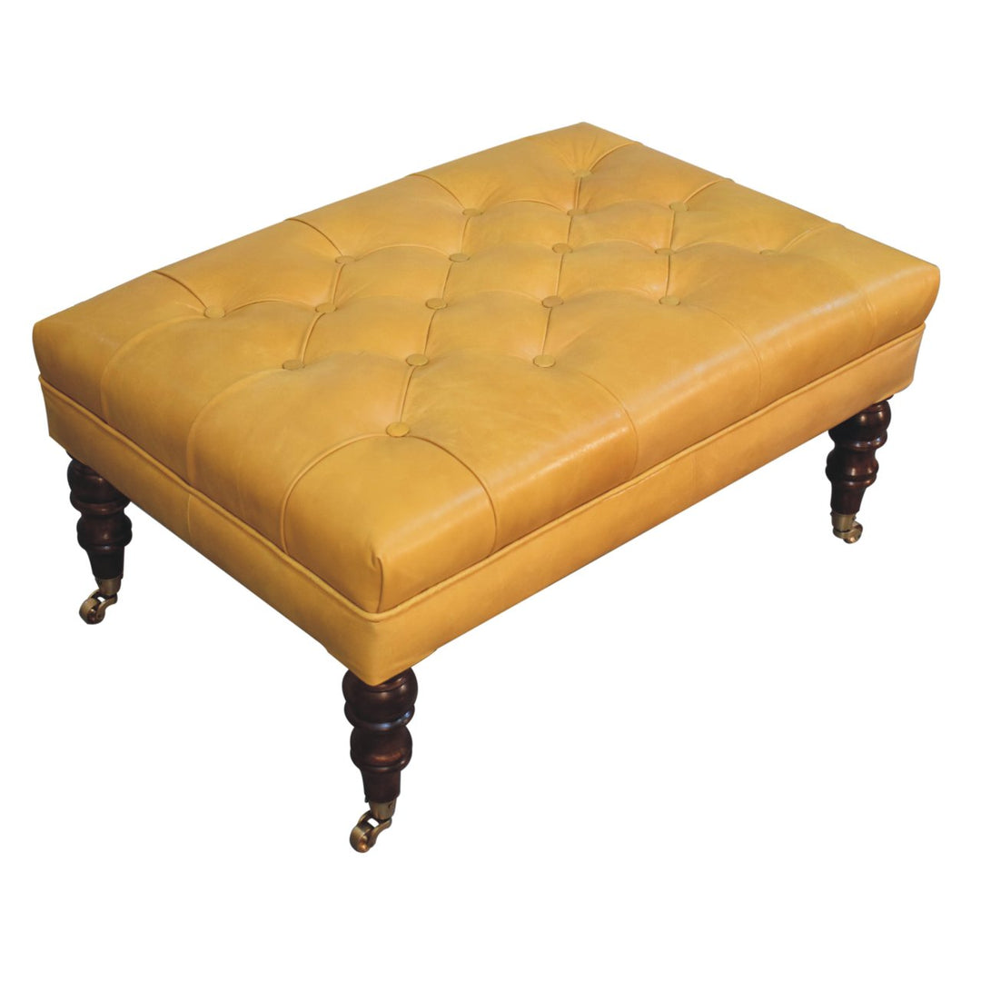 Solid Wood Honey Caramel Buffalo, Leather Ottoman with Castor Legs, Yellow and Ash Black