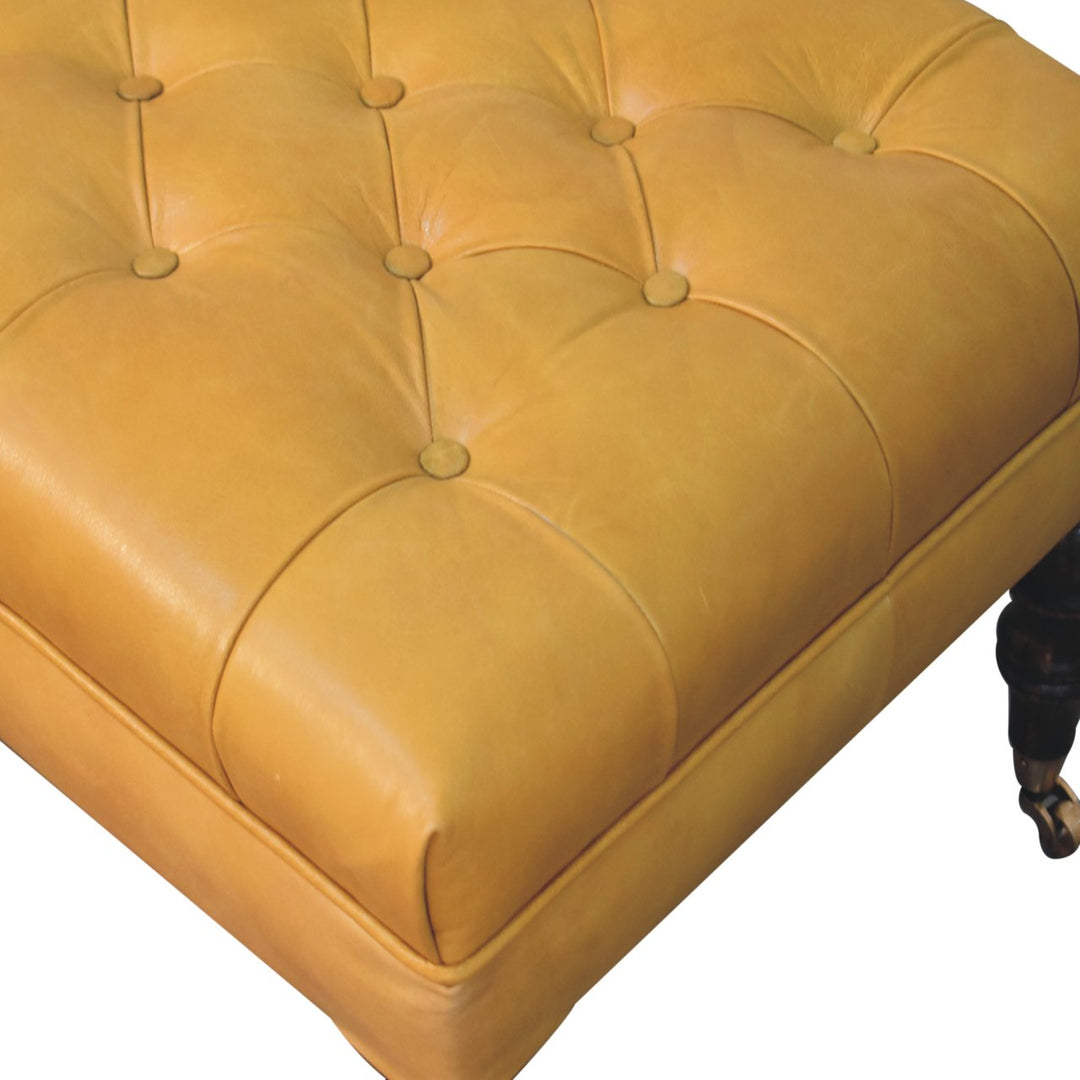 Solid Wood Honey Caramel Buffalo, Leather Ottoman with Castor Legs, Yellow and Ash Black