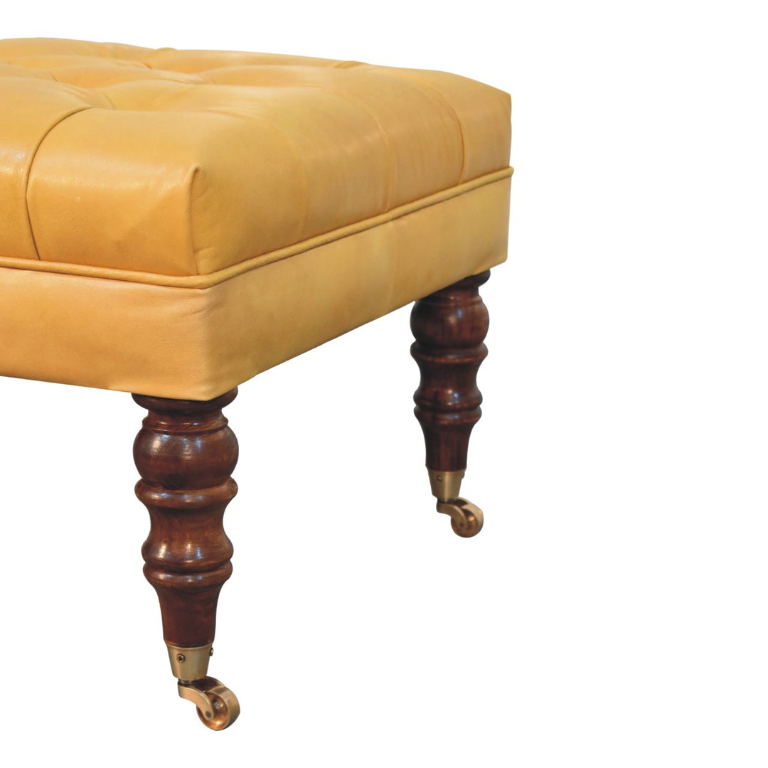 Solid Wood Honey Caramel Buffalo, Leather Ottoman with Castor Legs, Yellow and Ash Black