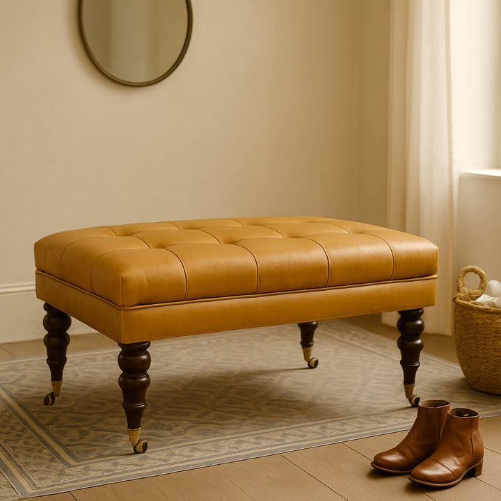 Solid Wood Honey Caramel Buffalo, Leather Ottoman with Castor Legs, Yellow and Ash Black