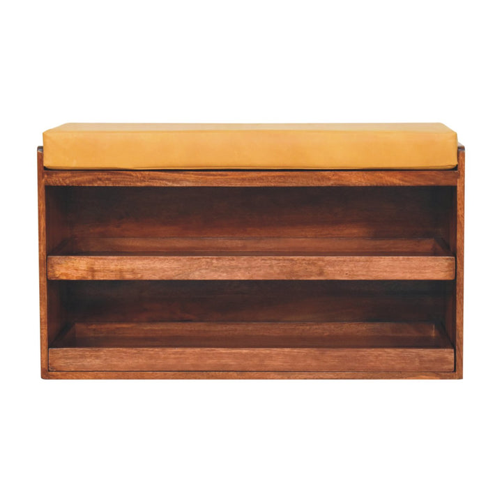 Solid Wood Buffalo Hide Pull out Honey Caramel Shoe Storage Bench, 2 Shelves, Yellow and Dark Brown