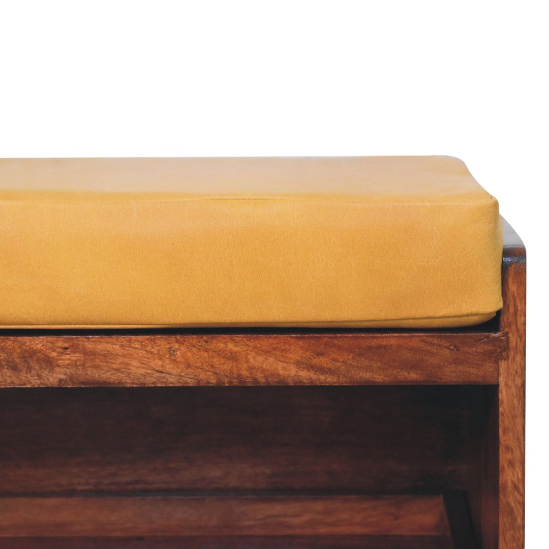 Solid Wood Buffalo Hide Pull out Honey Caramel Shoe Storage Bench, 2 Shelves, Yellow and Dark Brown