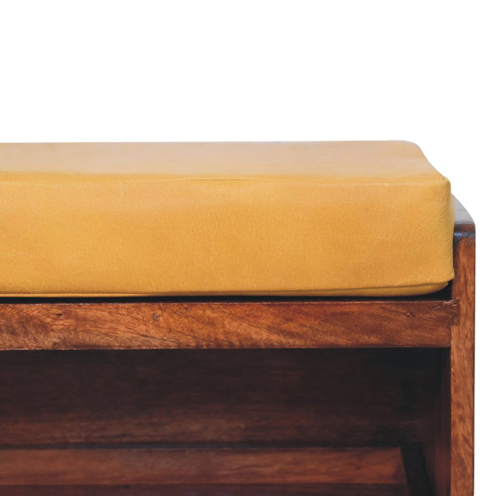 Solid Wood Buffalo Hide Pull out Honey Caramel Shoe Storage Bench, 2 Shelves, Yellow and Dark Brown