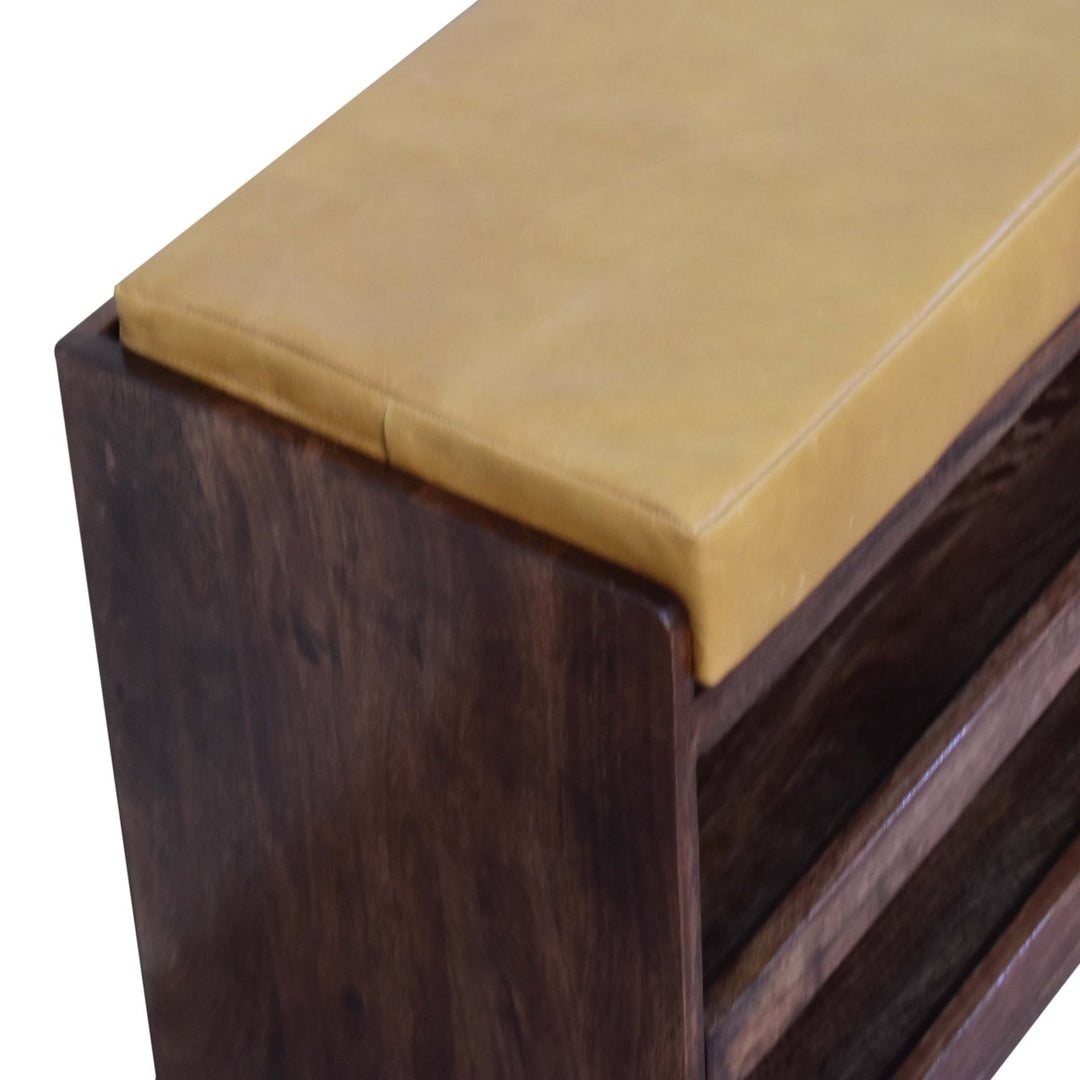Solid Wood Buffalo Hide Pull out Honey Caramel Shoe Storage Bench, 2 Shelves, Yellow and Dark Brown