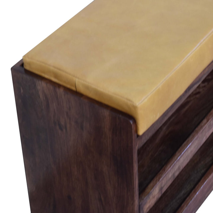 Solid Wood Buffalo Hide Pull out Honey Caramel Shoe Storage Bench, 2 Shelves, Yellow and Dark Brown