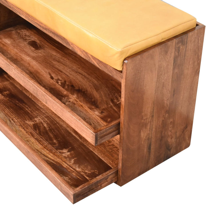 Solid Wood Buffalo Hide Pull out Honey Caramel Shoe Storage Bench, 2 Shelves, Yellow and Dark Brown