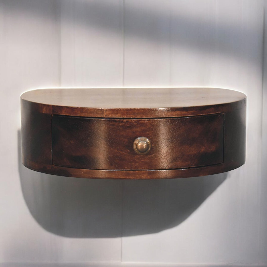 Solid Wood California Walnut Wall-Mounted Rounded Bedside, 1-Drawer, Brown
