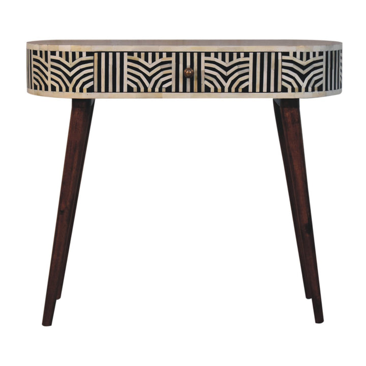 Solid Wood Honey Caramel Edessa Bone Inlay Console Table, 1-Drawer, Nordic Legs, White and Brown