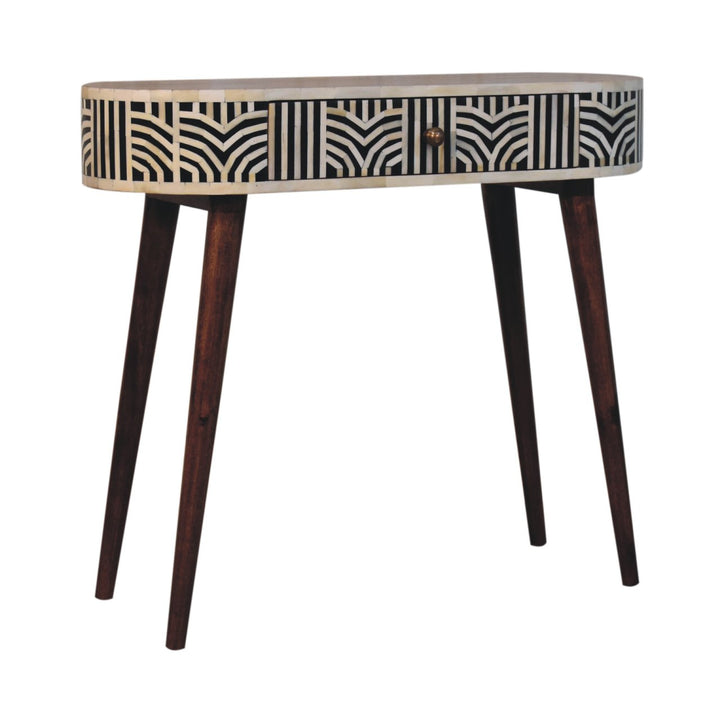 Solid Wood Honey Caramel Edessa Bone Inlay Console Table, 1-Drawer, Nordic Legs, White and Brown