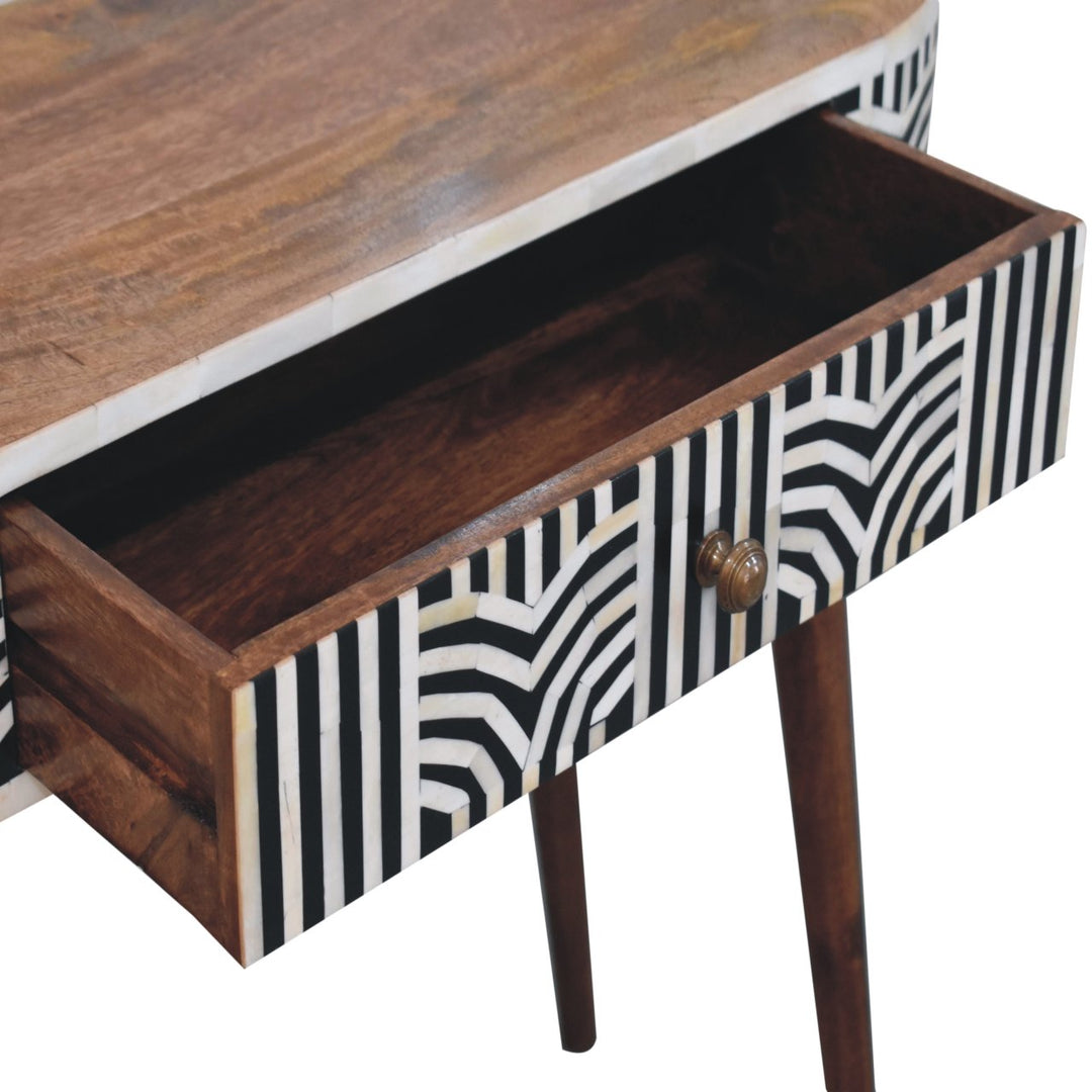 Solid Wood Honey Caramel Edessa Bone Inlay Console Table, 1-Drawer, Nordic Legs, White and Brown