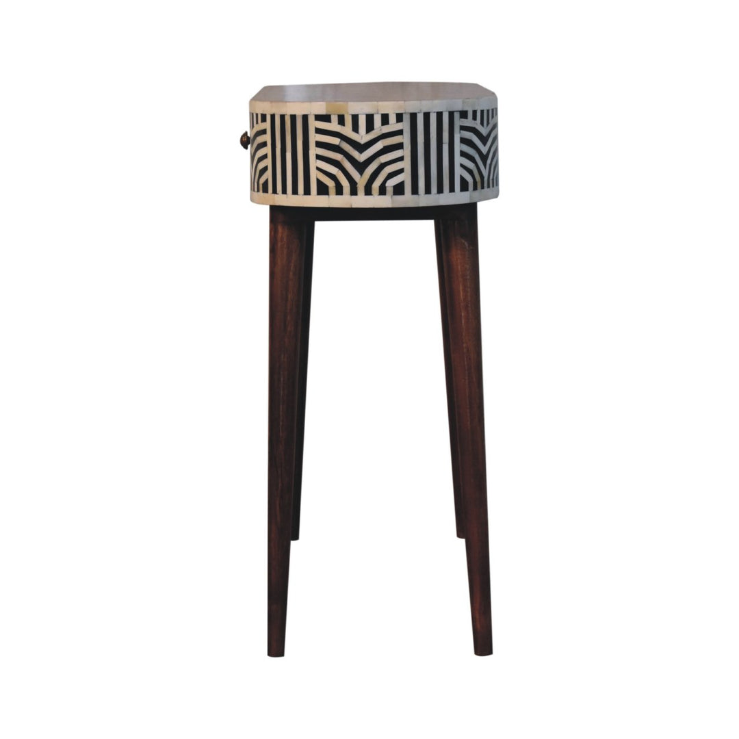 Solid Wood Honey Caramel Edessa Bone Inlay Console Table, 1-Drawer, Nordic Legs, White and Brown