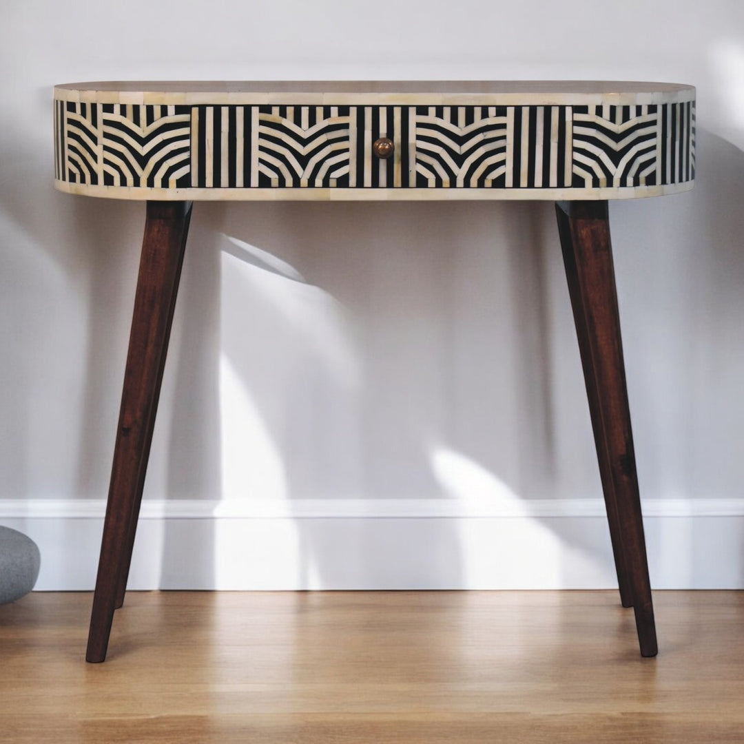 Solid Wood Honey Caramel Edessa Bone Inlay Console Table, 1-Drawer, Nordic Legs, White and Brown