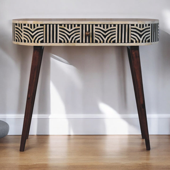 Solid Wood Honey Caramel Edessa Bone Inlay Console Table, 1-Drawer, Nordic Legs, White and Brown
