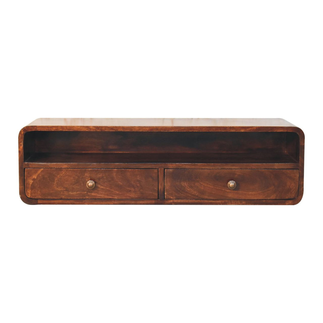 Solid Wood Floating California Walnut Open Console, 2-Drawers, Brown