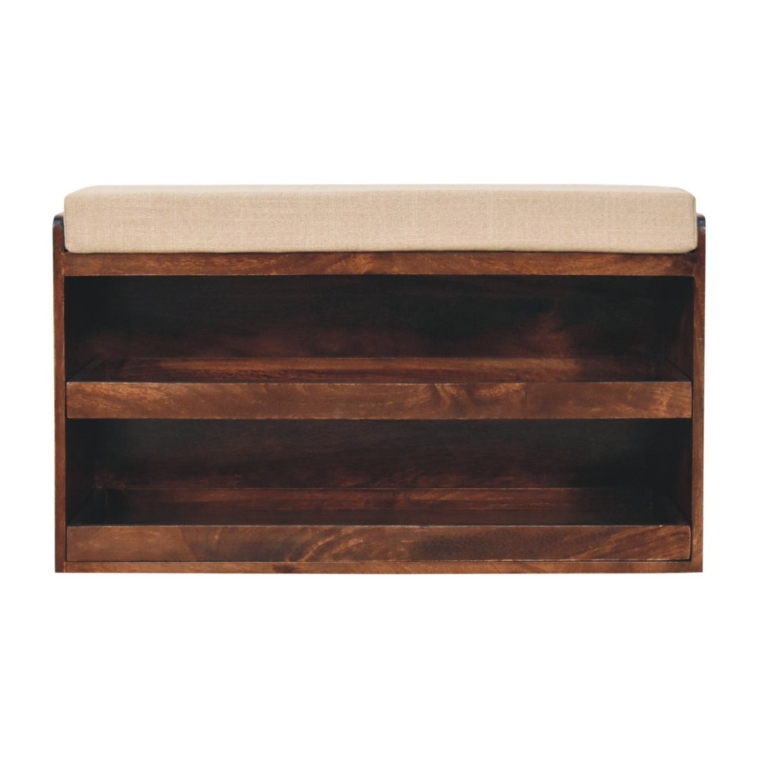 Solid Wood California Walnut & Mud Linen Pull out Shoe Bench, Upholstered, 2 Shelves, Beige and Brown