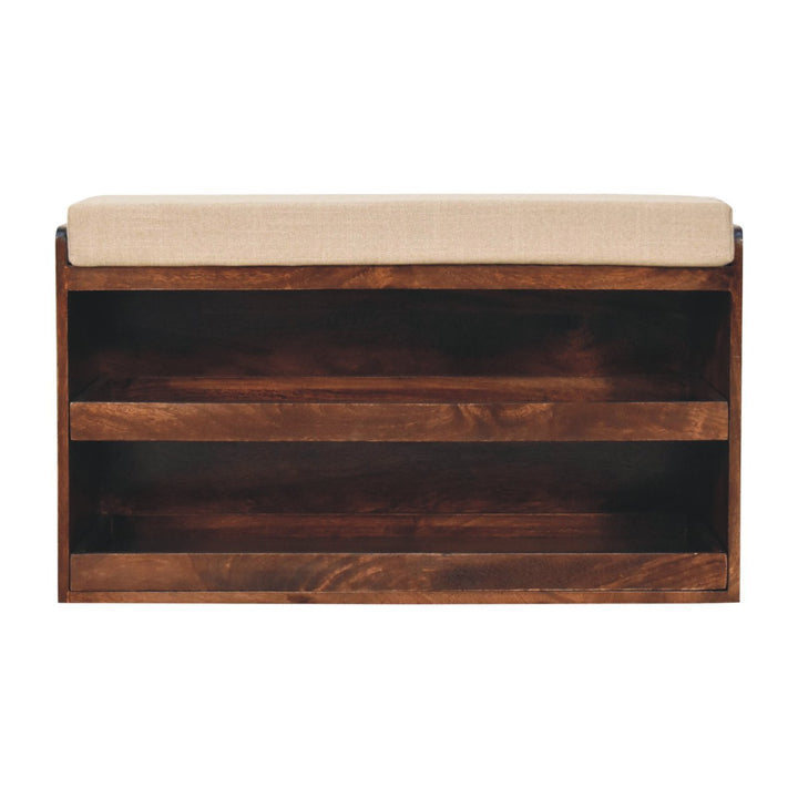 Solid Wood California Walnut & Mud Linen Pull out Shoe Bench, Upholstered, 2 Shelves, Beige and Brown