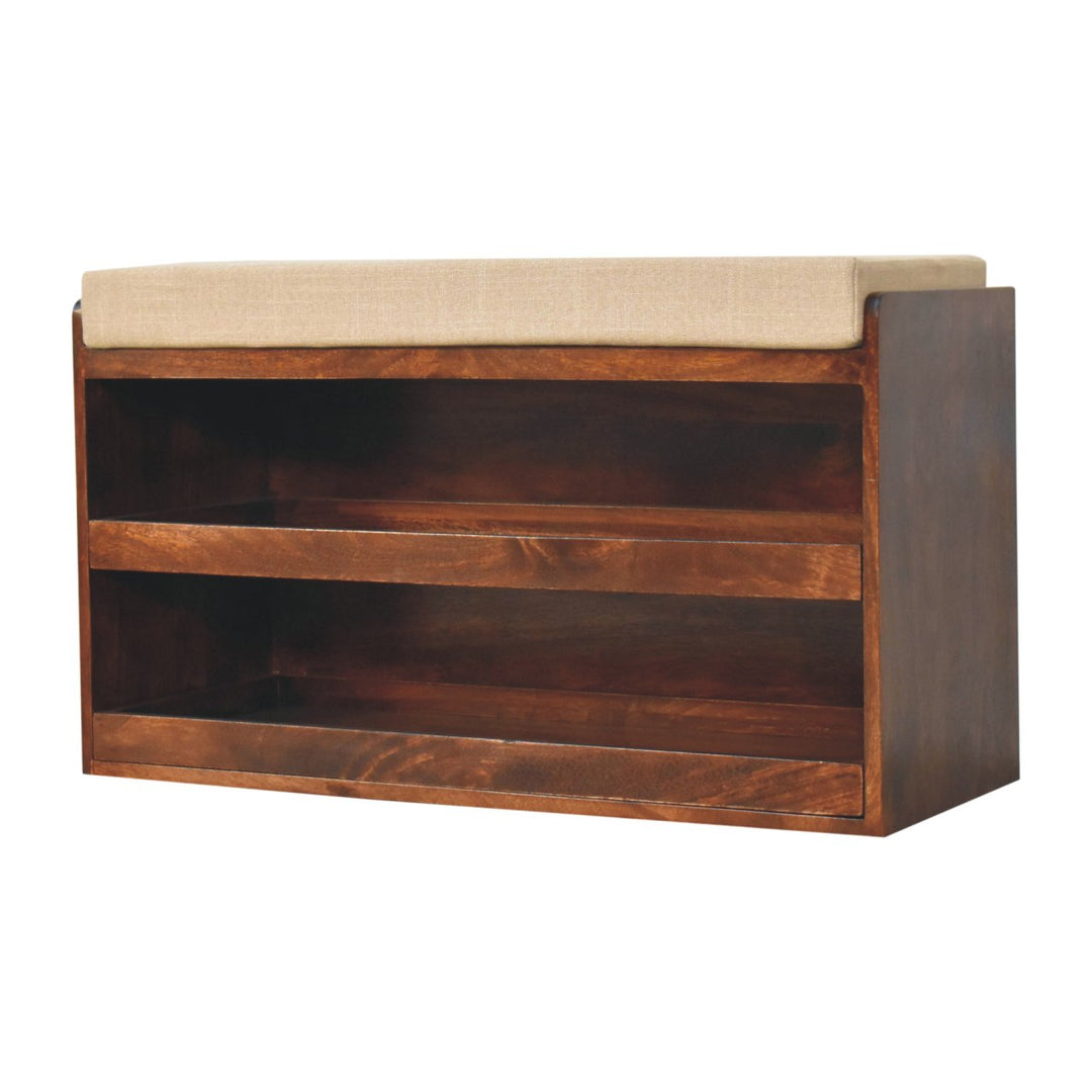 Solid Wood California Walnut & Mud Linen Pull out Shoe Bench, Upholstered, 2 Shelves, Beige and Brown