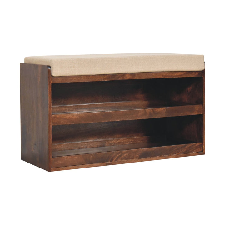 Solid Wood California Walnut & Mud Linen Pull out Shoe Bench, Upholstered, 2 Shelves, Beige and Brown