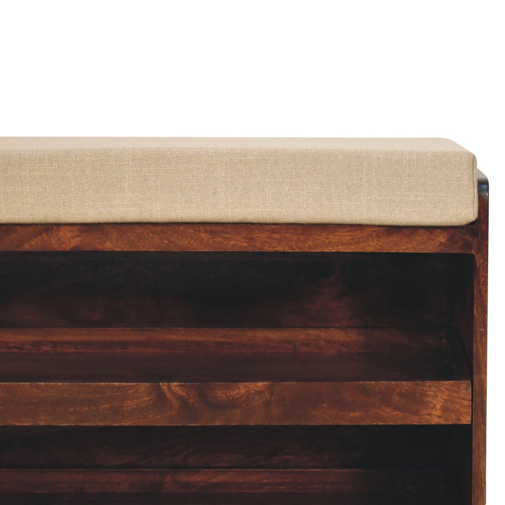 Solid Wood California Walnut & Mud Linen Pull out Shoe Bench, Upholstered, 2 Shelves, Beige and Brown