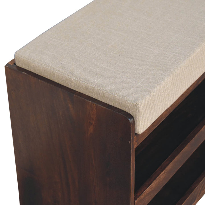 Solid Wood California Walnut & Mud Linen Pull out Shoe Bench, Upholstered, 2 Shelves, Beige and Brown