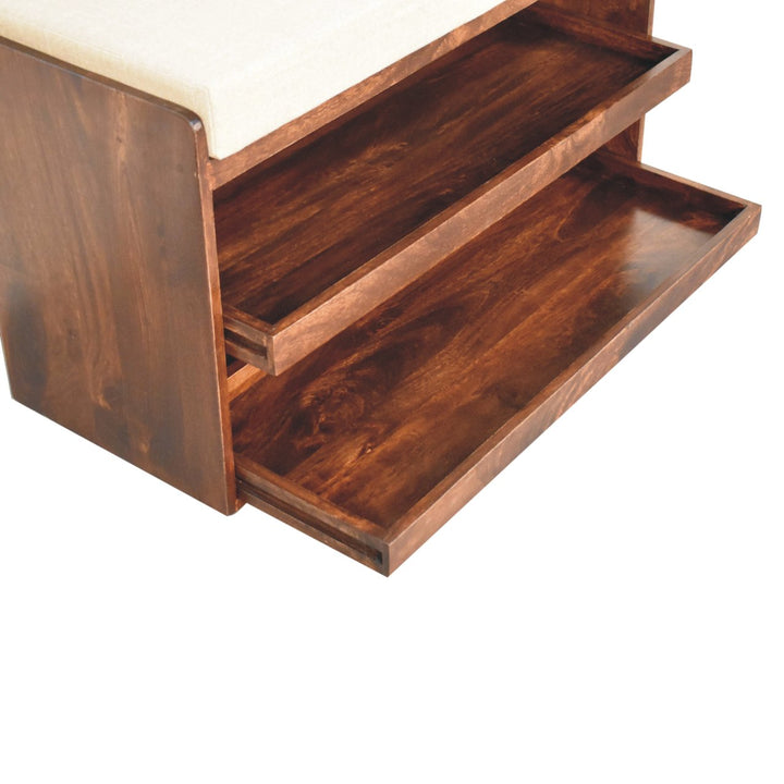Solid Wood California Walnut & Mud Linen Pull out Shoe Bench, Upholstered, 2 Shelves, Beige and Brown