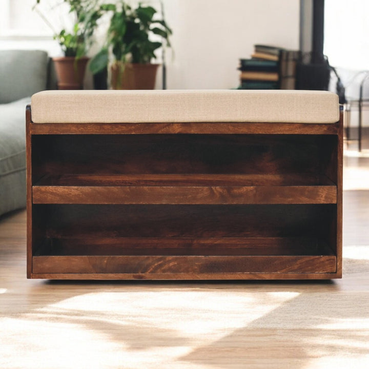 Solid Wood California Walnut & Mud Linen Pull out Shoe Bench, Upholstered, 2 Shelves, Beige and Brown