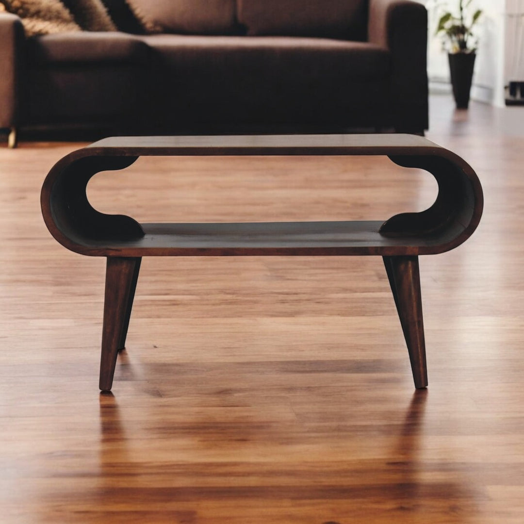 Solid Wood California Walnut Coffee Table, Open Storage, Nordic Legs, Dark Brown