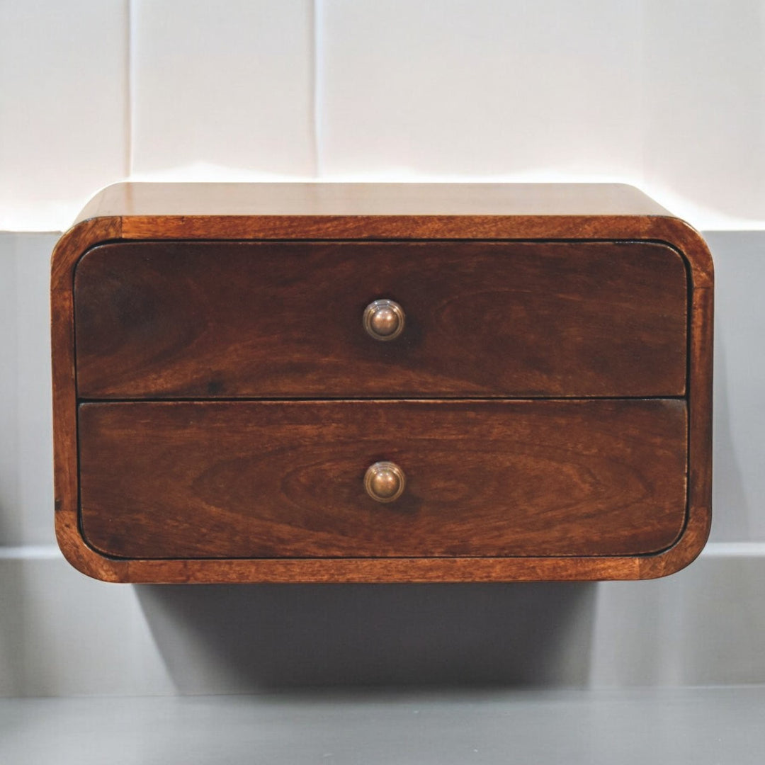 Solid Wood Curved California Walnut Wall-Mounted Bedside, 2-Drawers