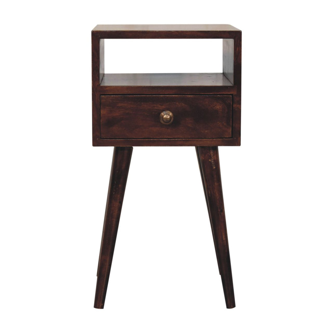 Solid Wood Mini California Walnut Nightstand, 1-Drawer, 1 Open-Slot, Nordic Legs, Dark Brown