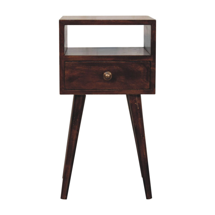 Solid Wood Mini California Walnut Nightstand, 1-Drawer, 1 Open-Slot, Nordic Legs, Dark Brown
