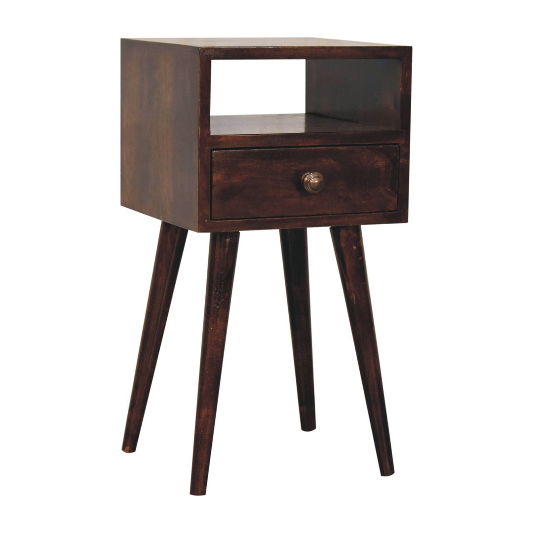 Solid Wood Mini California Walnut Nightstand, 1-Drawer, 1 Open-Slot, Nordic Legs, Dark Brown