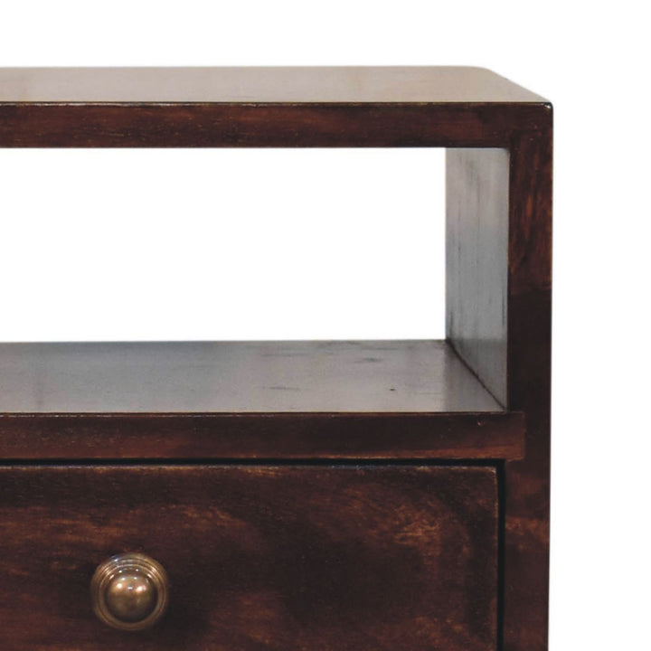 Solid Wood Mini California Walnut Nightstand, 1-Drawer, 1 Open-Slot, Nordic Legs, Dark Brown