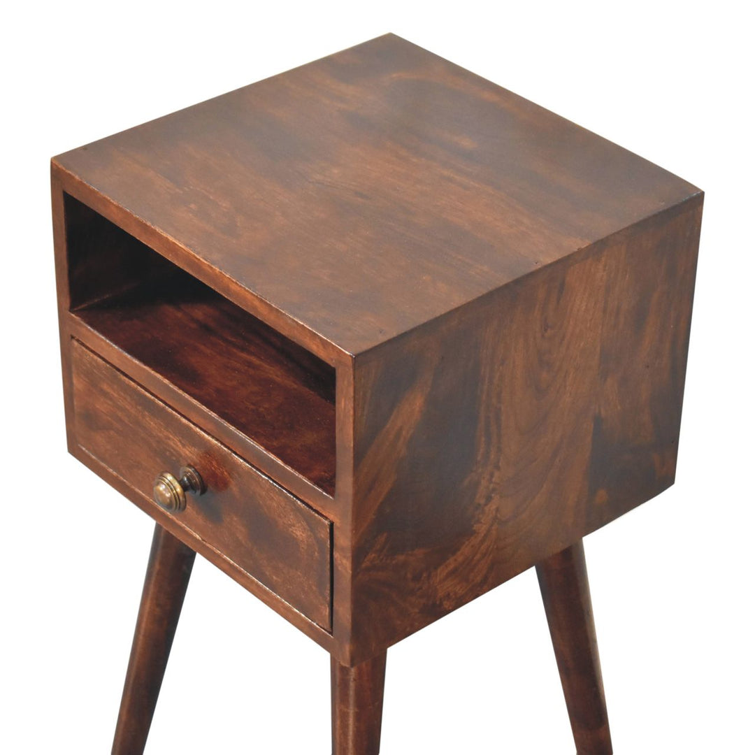 Solid Wood Mini California Walnut Nightstand, 1-Drawer, 1 Open-Slot, Nordic Legs, Dark Brown