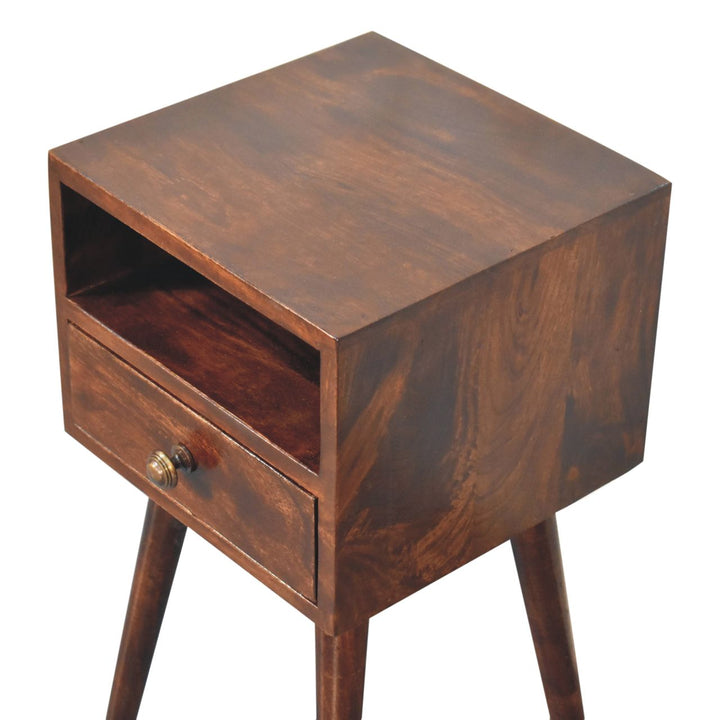 Solid Wood Mini California Walnut Nightstand, 1-Drawer, 1 Open-Slot, Nordic Legs, Dark Brown