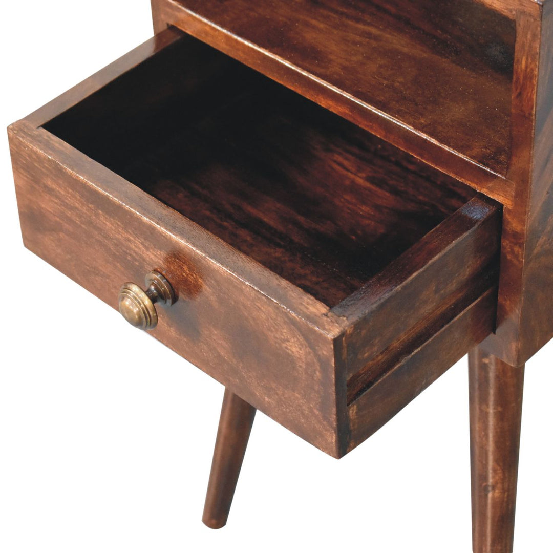 Solid Wood Mini California Walnut Nightstand, 1-Drawer, 1 Open-Slot, Nordic Legs, Dark Brown
