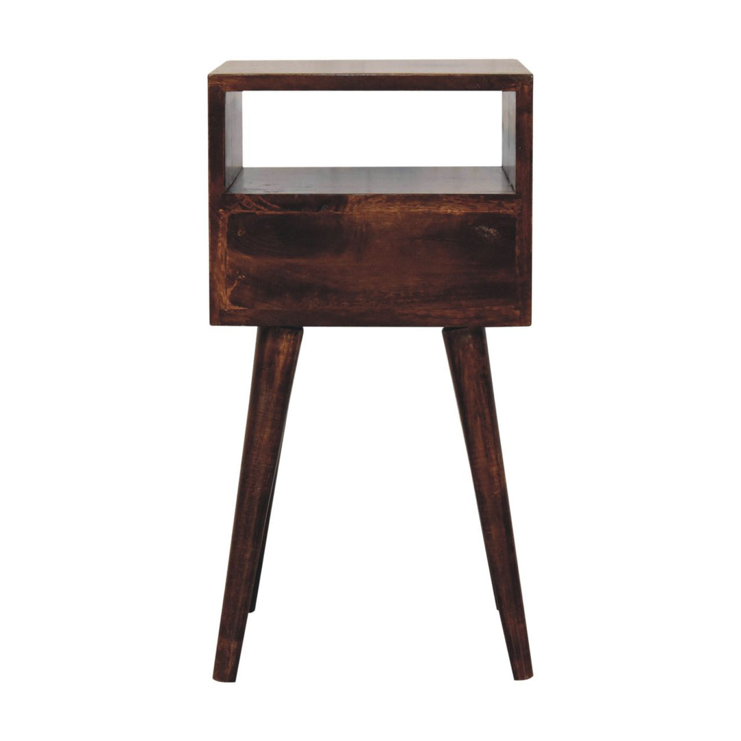 Solid Wood Mini California Walnut Nightstand, 1-Drawer, 1 Open-Slot, Nordic Legs, Dark Brown