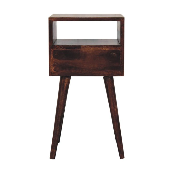 Solid Wood Mini California Walnut Nightstand, 1-Drawer, 1 Open-Slot, Nordic Legs, Dark Brown